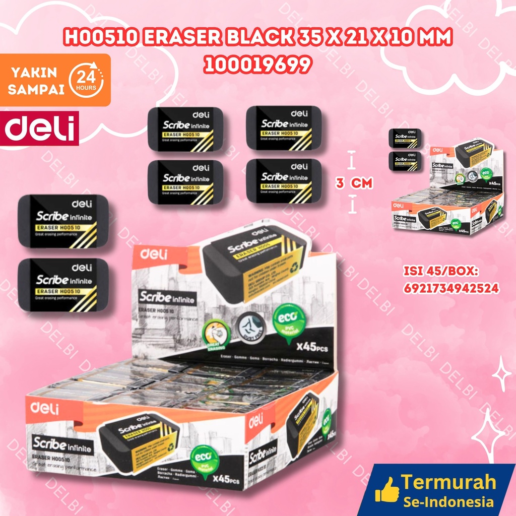 H00510 Eraser BLACK 35x21x10mm DELI PENGHAPUS SETIP BX1080 BX45