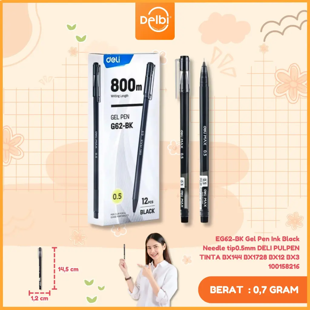 [100158216] EG62-BK Gel Pen Ink Black Needle tip0.5mm DELI PULPEN TINTA BX144 BX1728 BX12 BX3