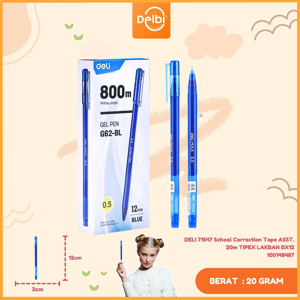 DELI (1PCS) EG62-BL Gel Pen Ink Blue Needle tip0.5mm PULPEN CAIR TINTA BIRU BX144 BX12 BX3 CAR1728