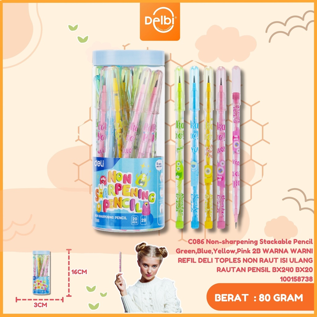 [100158738] C086 Non-sharpening Stackable Pencil Green,Blue,Yellow,Pink 2B WARNA WARNI REFIL DELI TOPLES NON RAUT ISI ULANG RAUTAN PENSIL BX240 BX20