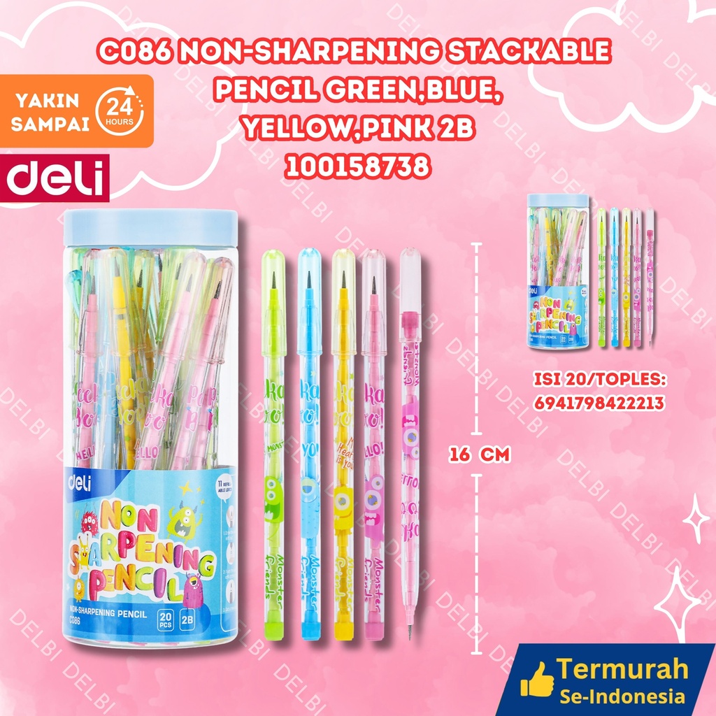 C086 Non-sharpening Stackable Pencil Green,Blue,Yellow,Pink 2B WARNA WARNI REFIL DELI TOPLES NON RAUT ISI ULANG RAUTAN PENSIL BX240 BX20