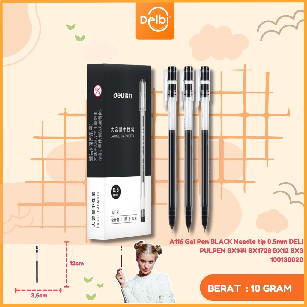 [100130020] A116 Gel Pen BLACK Needle tip 0.5mm DELI PULPEN BX144 BX1728 BX12 BX3