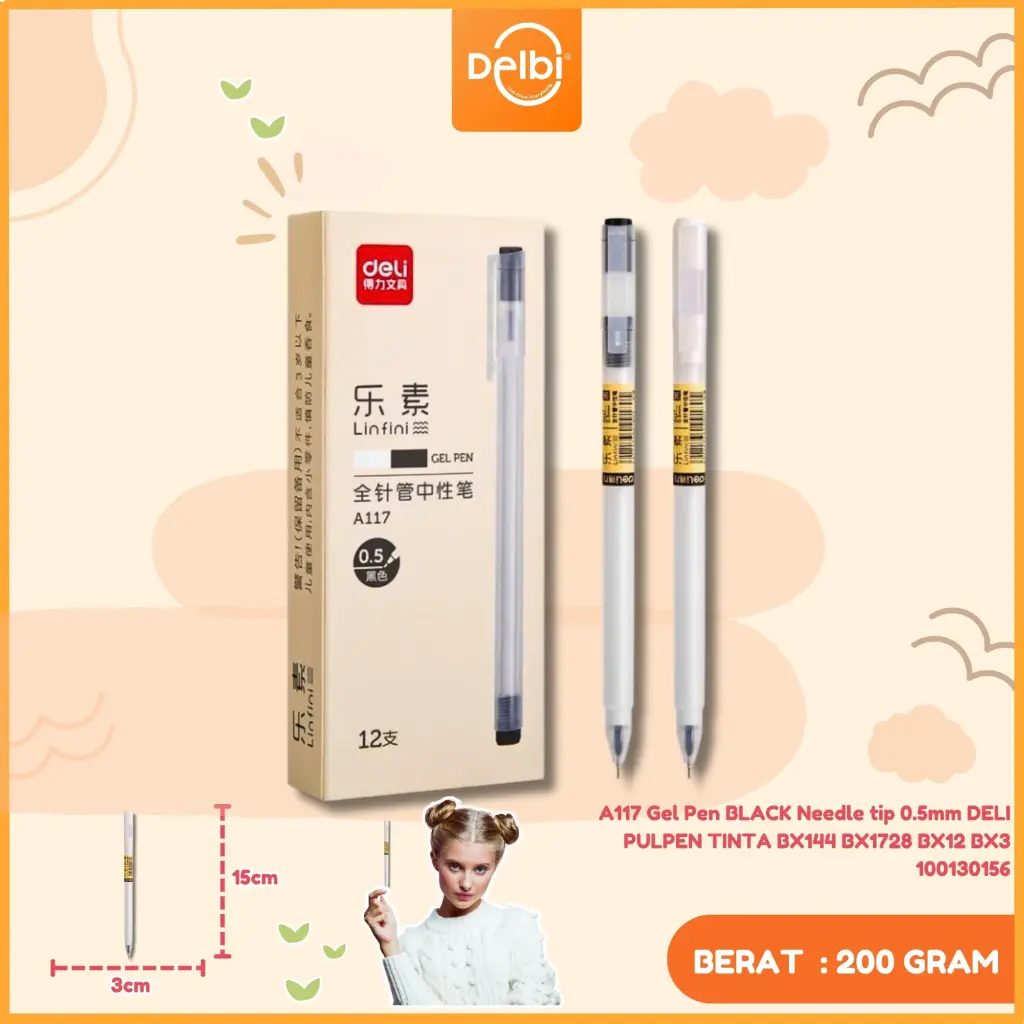 A117 Gel Pen BLACK Needle tip 0.5mm DELI PULPEN TINTA BX144 BX1728 BX12 BX3