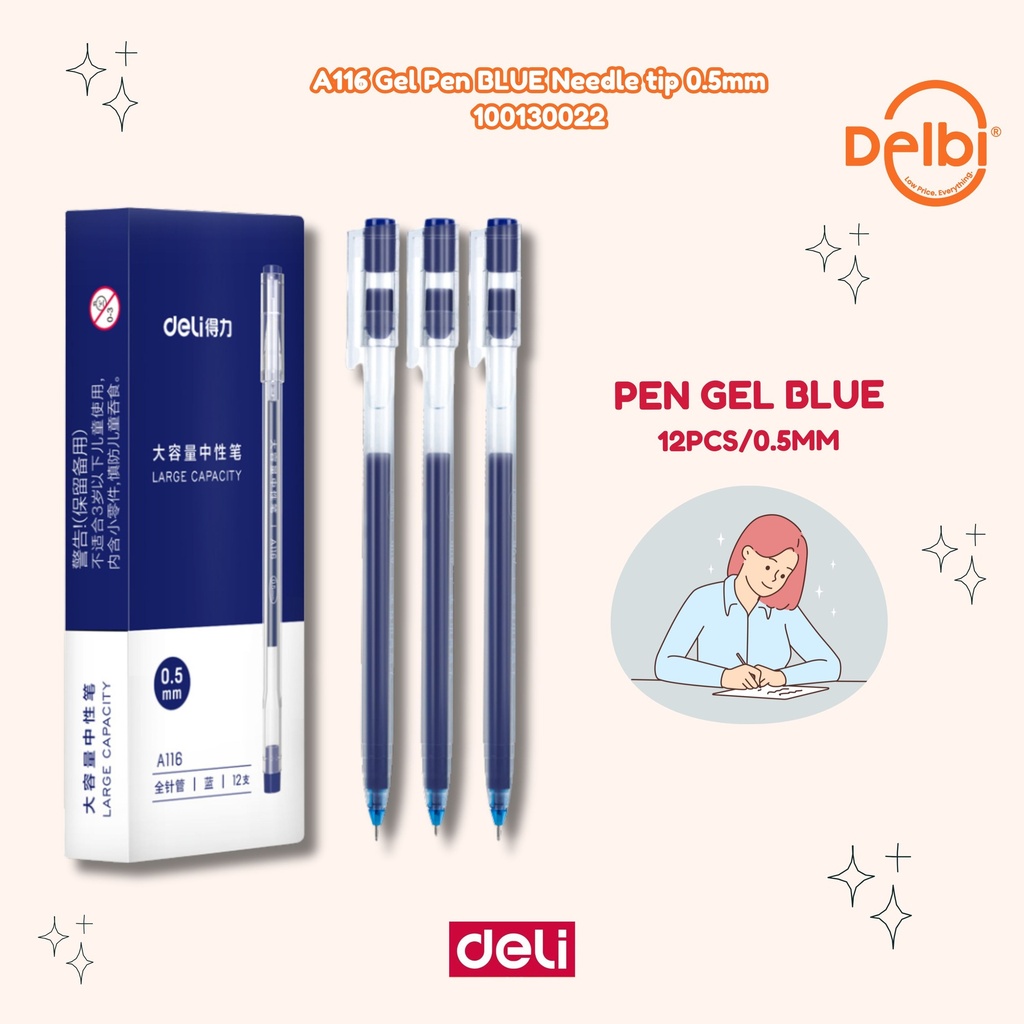 DELI A116 Gel Pen BLUE Needle tip 0.5mm BX144
