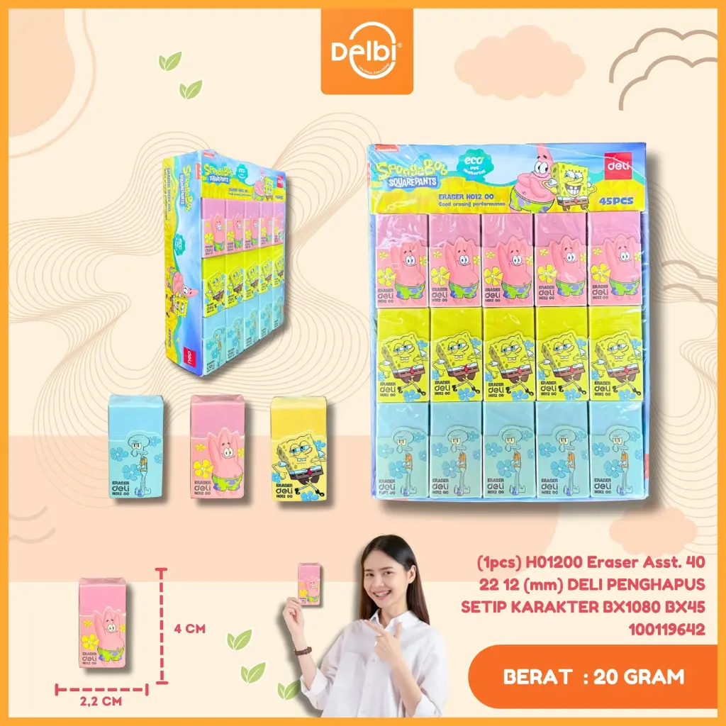 [100119642] (1pcs) H01200 Eraser Asst. 40 22 12 (mm) DELI PENGHAPUS SETIP KARAKTER BX1080 BX45