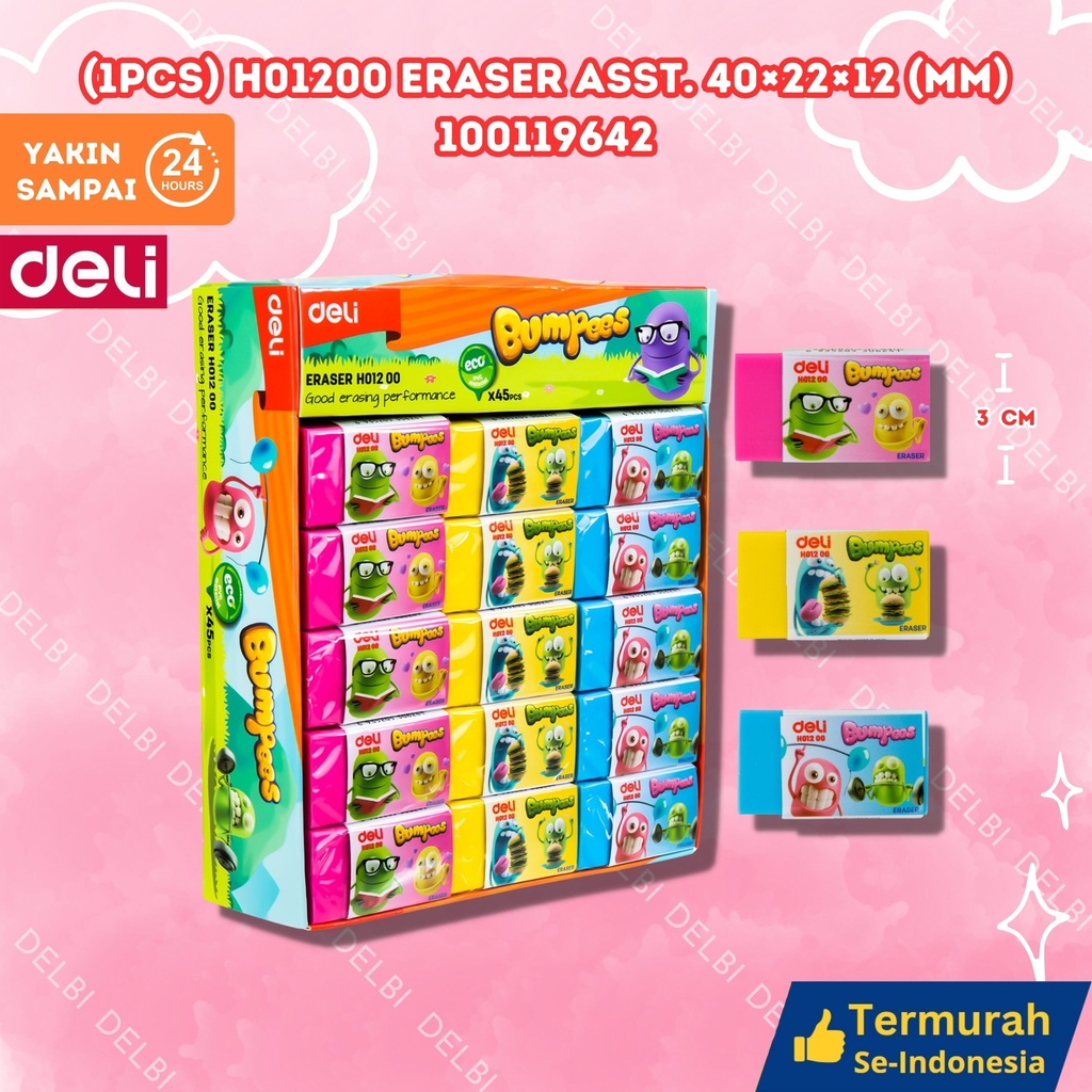 (1pcs) H01200 Eraser Asst. 40 22 12 (mm) DELI PENGHAPUS SETIP KARAKTER BX1080 BX45