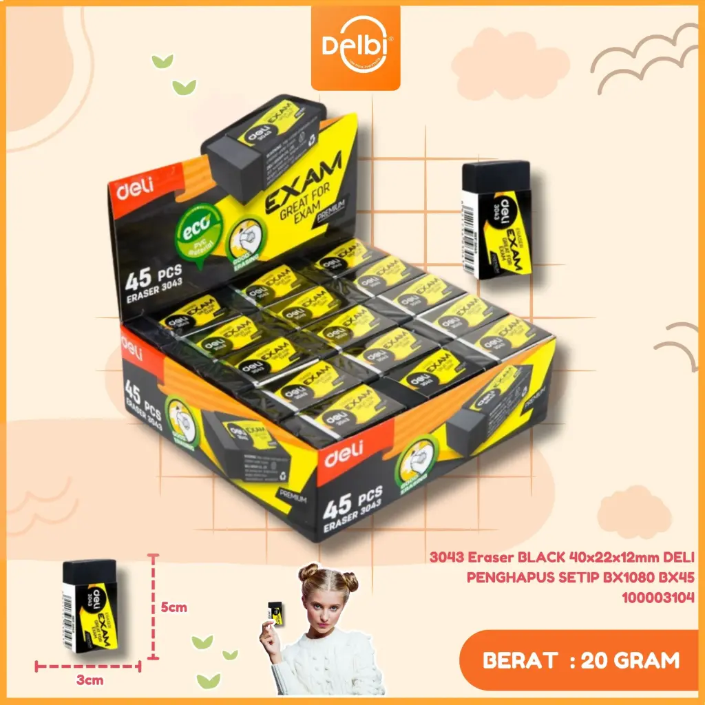 3043 Eraser BLACK 40x22x12mm DELI PENGHAPUS SETIP BX1080 BX45