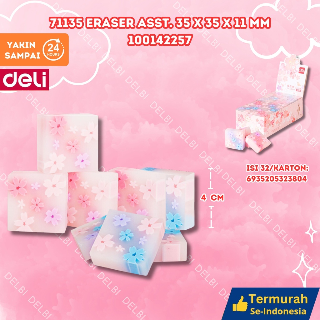 71135 Eraser ASST. 35x35x11mm DELI PENGHAPUS BX32 BX768