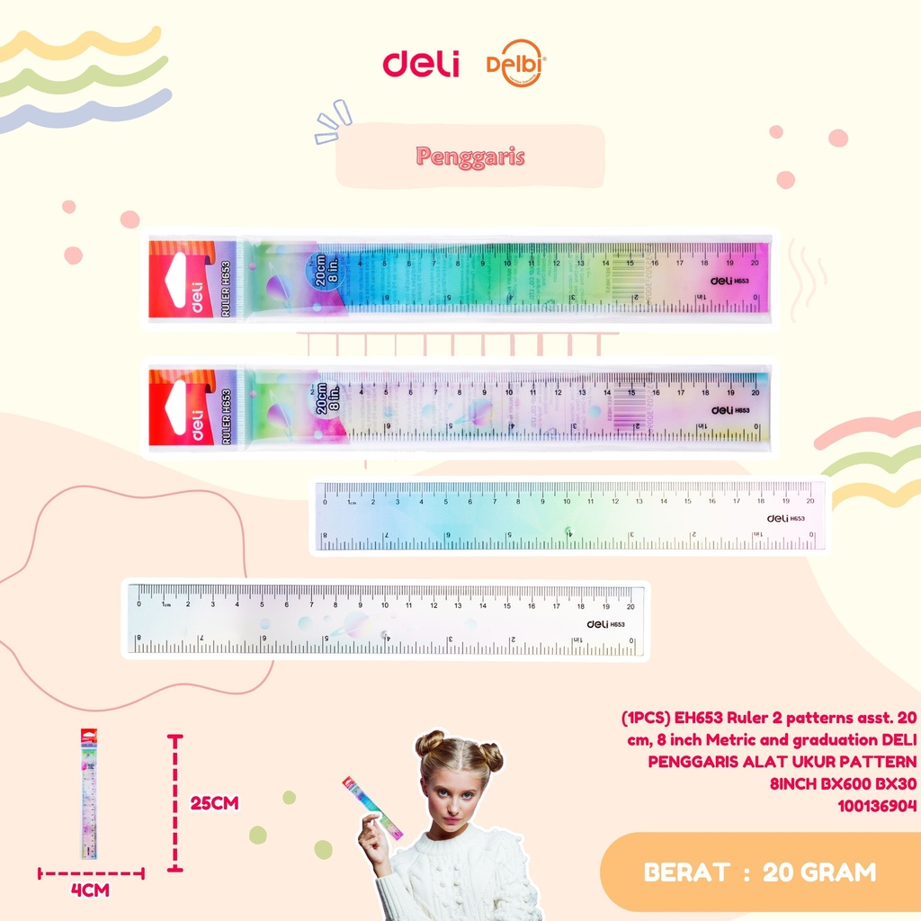 (1PCS) EH653 Ruler 2 patterns asst. 20 cm, 8 inch Metric and graduation DELI PENGGARIS ALAT UKUR PATTERN 8INCH BX600 BX30