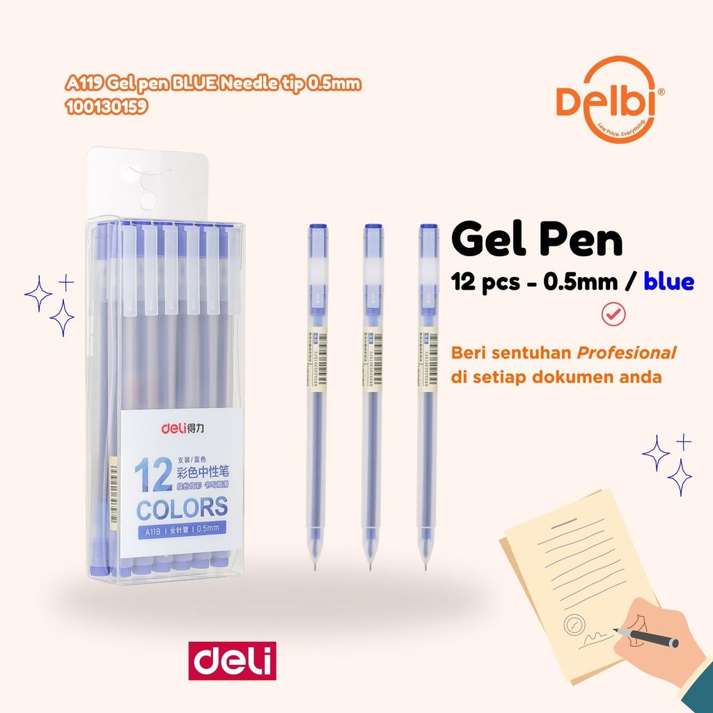 DELI A119 Gel pen BLUE Needle tip 0.5mm BX144