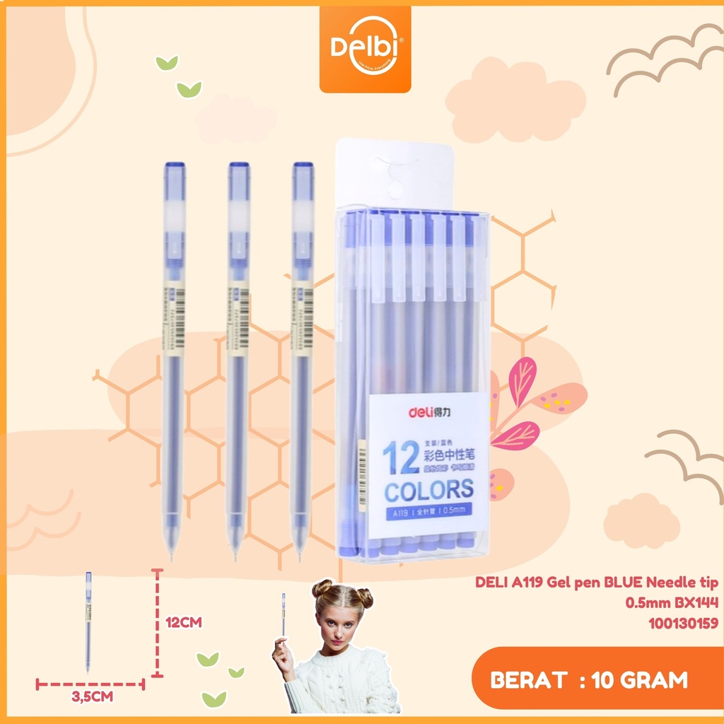 DELI A119 Gel pen BLUE Needle tip 0.5mm BX144