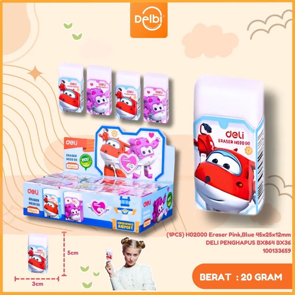 [100133659] (1PCS) H02000 Eraser Pink,Blue 45x25x12mm DELI PENGHAPUS BX864 BX36