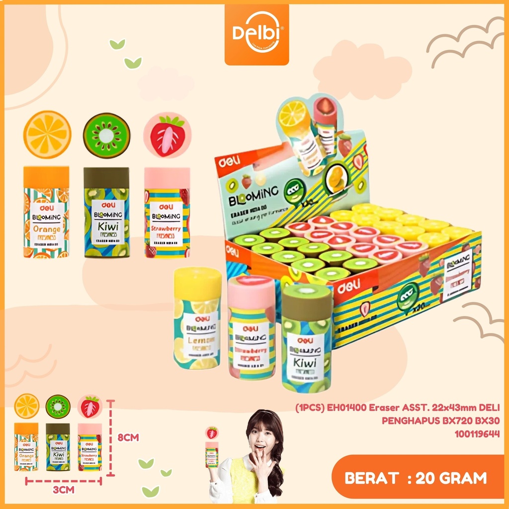 [100119644] (1PCS) EH01400 Eraser ASST. 22x43mm DELI PENGHAPUS BX720 BX30