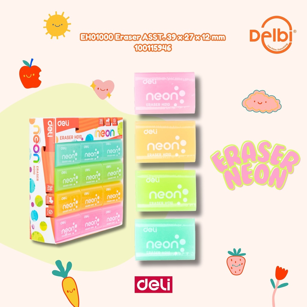 EH01000 Eraser ASST. 39x27x12mm DELI PENGHAPUS WARNA-WARNI SETIP BX36 BX864