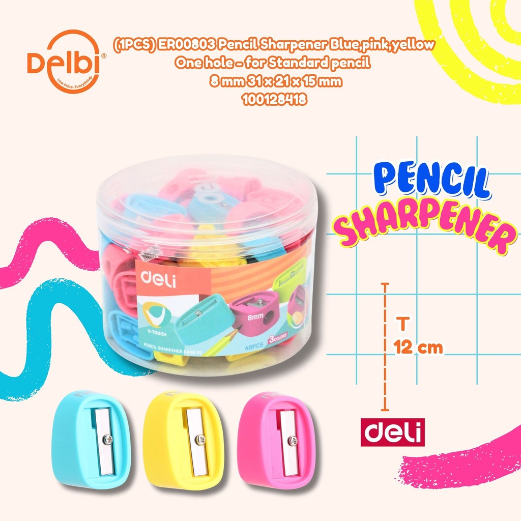 [100128418] (1PCS) ER00803 Pencil Sharpener Blue,pink,yellow One hole for Standard 8 mm 31x21x15mm, DELI RAUTAN PENSIL BX1152 BX48 BX2304