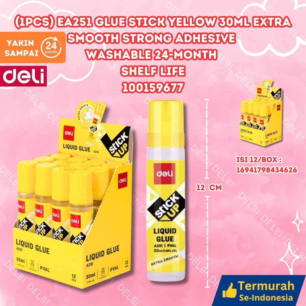 (1PCS) A251 Glue Stick Yellow 30ml EXTRA SMOOTH Strong adhesive Washable 24-month shelf life DELI LEM KERTAS BX384 BX12
