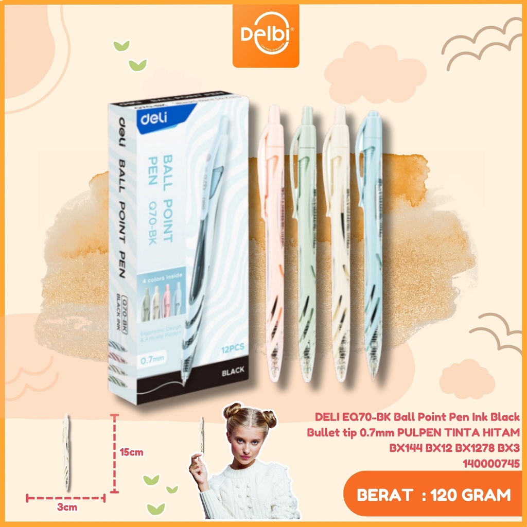 DELI EQ70-BK Ball Point Pen Ink Black Bullet tip 0.7mm PULPEN TINTA HITAM BX144 BX12 BX1278 BX3