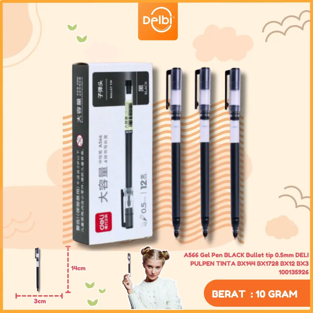 [100135926] A566 Gel Pen BLACK Bullet tip 0.5mm DELI PULPEN TINTA BX144 BX1728 BX12 BX3