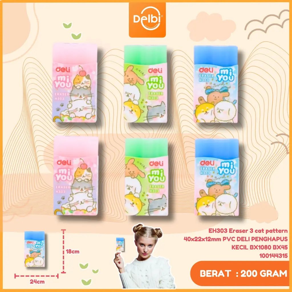EH303 Eraser 3 cat pattern 40x22x12mm PVC DELI PENGHAPUS KECIL BX1080 BX45
