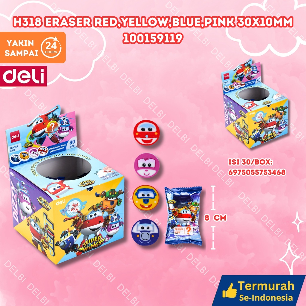 H318 Eraser Red,Yellow,Blue,Pink 30x10mm DELI PENGHAPUS WARNA WARNI RED YELLOW PINK BX30
