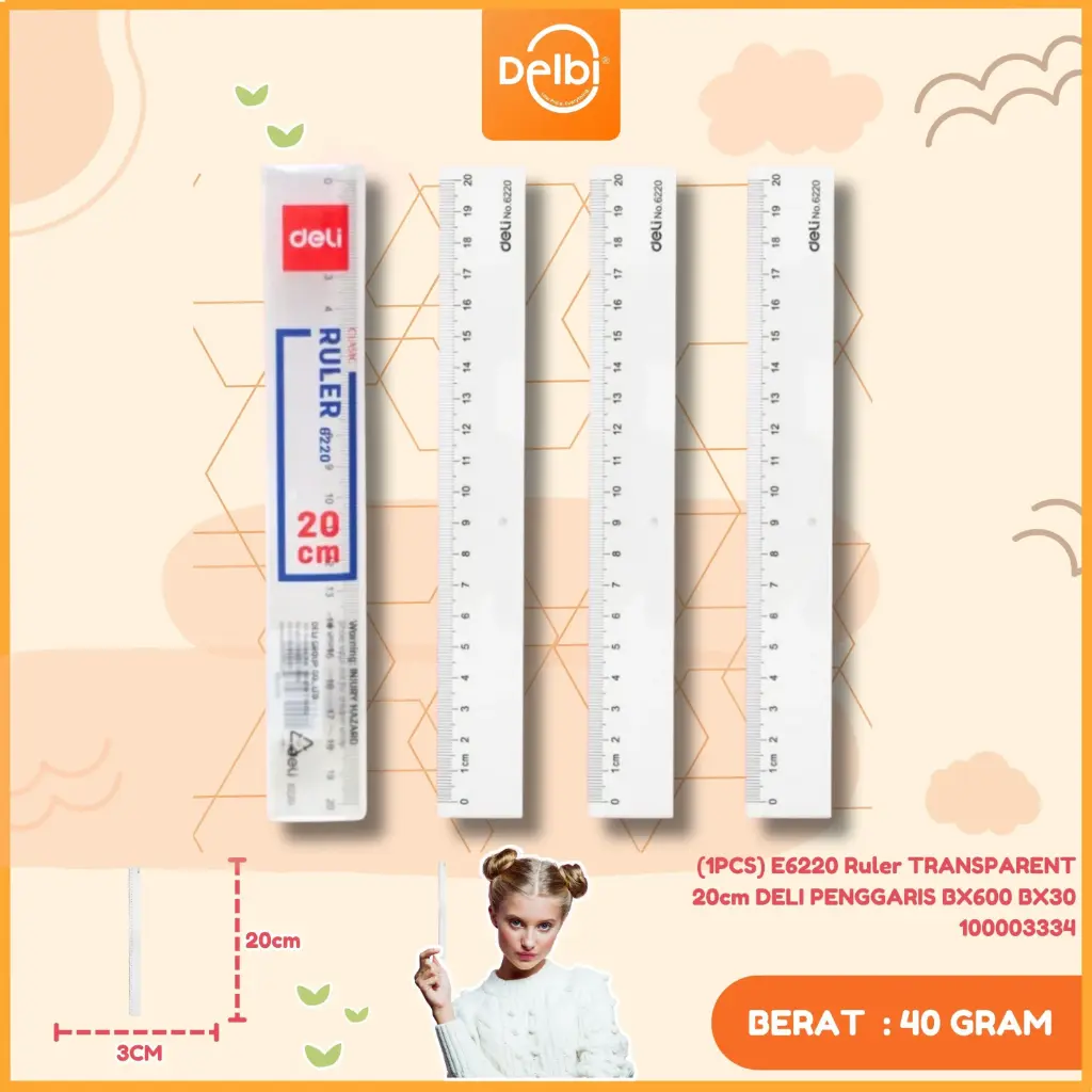 (1PCS) E6220 Ruler TRANSPARENT 20cm DELI PENGGARIS BX600 BX30