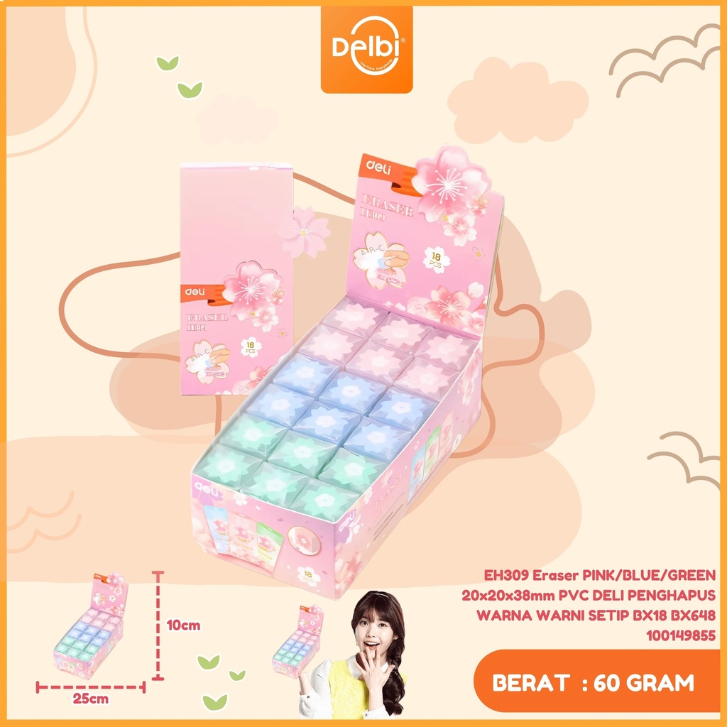 [100149855] EH309 Eraser PINK/BLUE/GREEN 20x20x38mm PVC DELI PENGHAPUS WARNA WARNI SETIP BX18 BX648