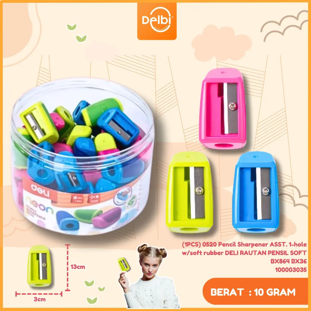 (1PCS) 0520 Pencil Sharpener ASST. 1-hole w/soft rubber DELI RAUTAN PENSIL SOFT BX864 BX36