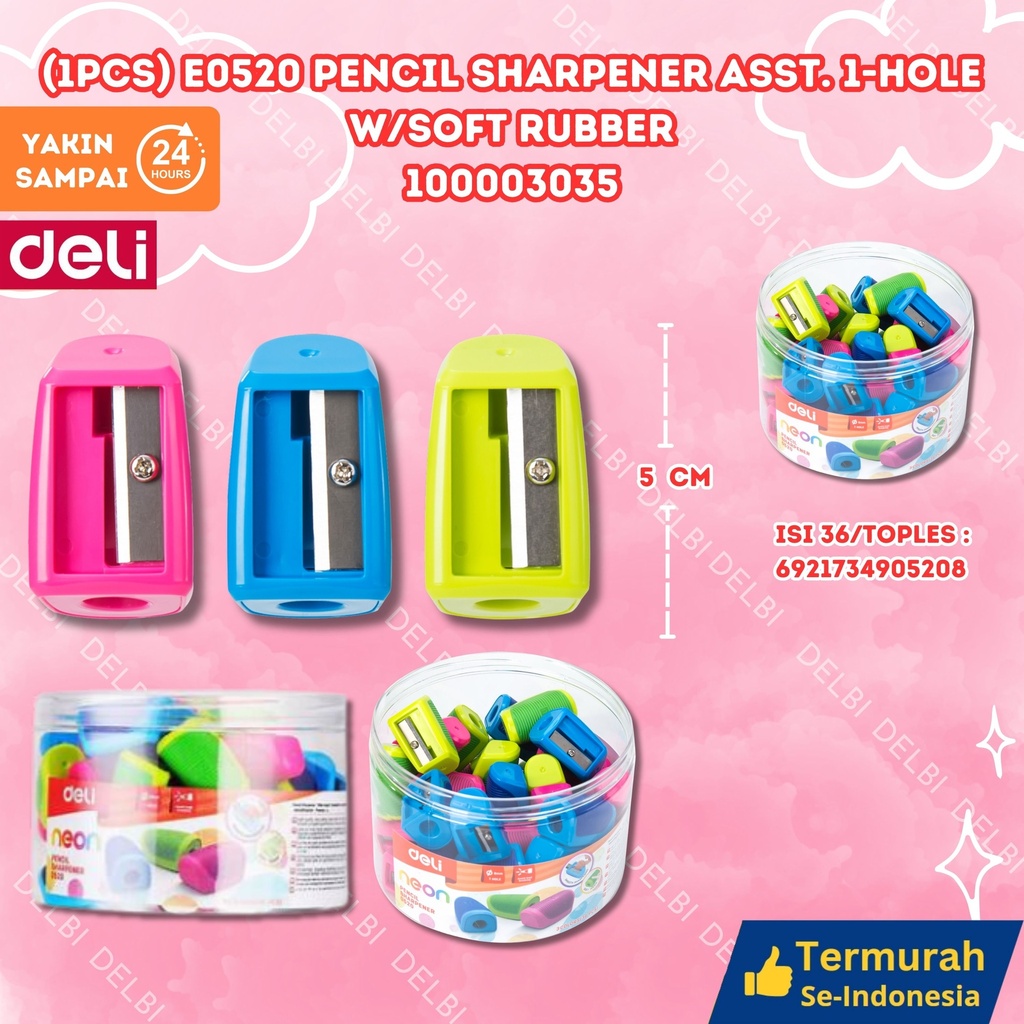 (1PCS) 0520 Pencil Sharpener ASST. 1-hole w/soft rubber DELI RAUTAN PENSIL SOFT BX864 BX36