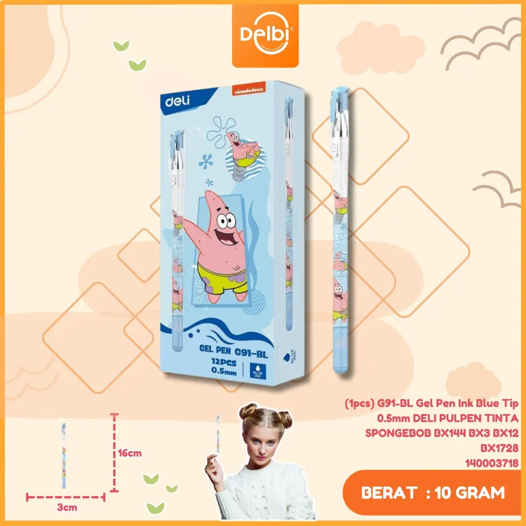 (1pcs) G91-BL Gel Pen Ink Blue Tip 0.5mm DELI PULPEN TINTA SPONGEBOB BX144 BX3 BX12 BX1728