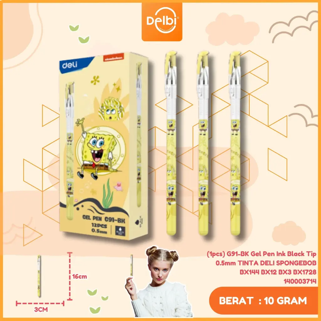 [140003714] (1pcs) G91-BK Gel Pen Ink Black Tip 0.5mm TINTA DELI SPONGEBOB BX144 BX12 BX3 BX1728