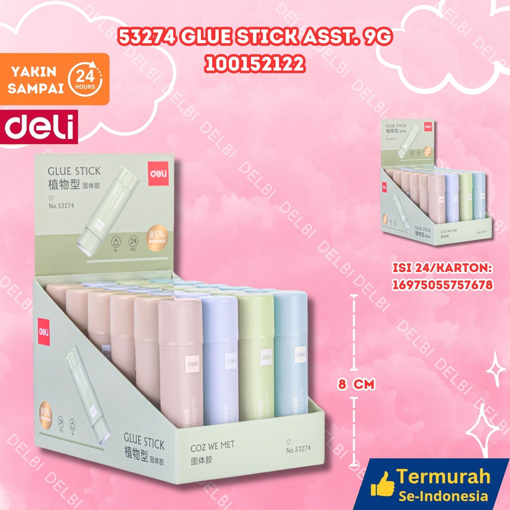 53274 Glue Stick Asst. 9g DELI LEM KERTAS BX24 BX384