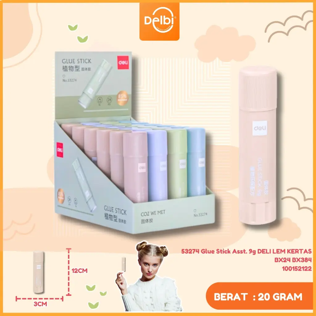 53274 Glue Stick Asst. 9g DELI LEM KERTAS BX24 BX384
