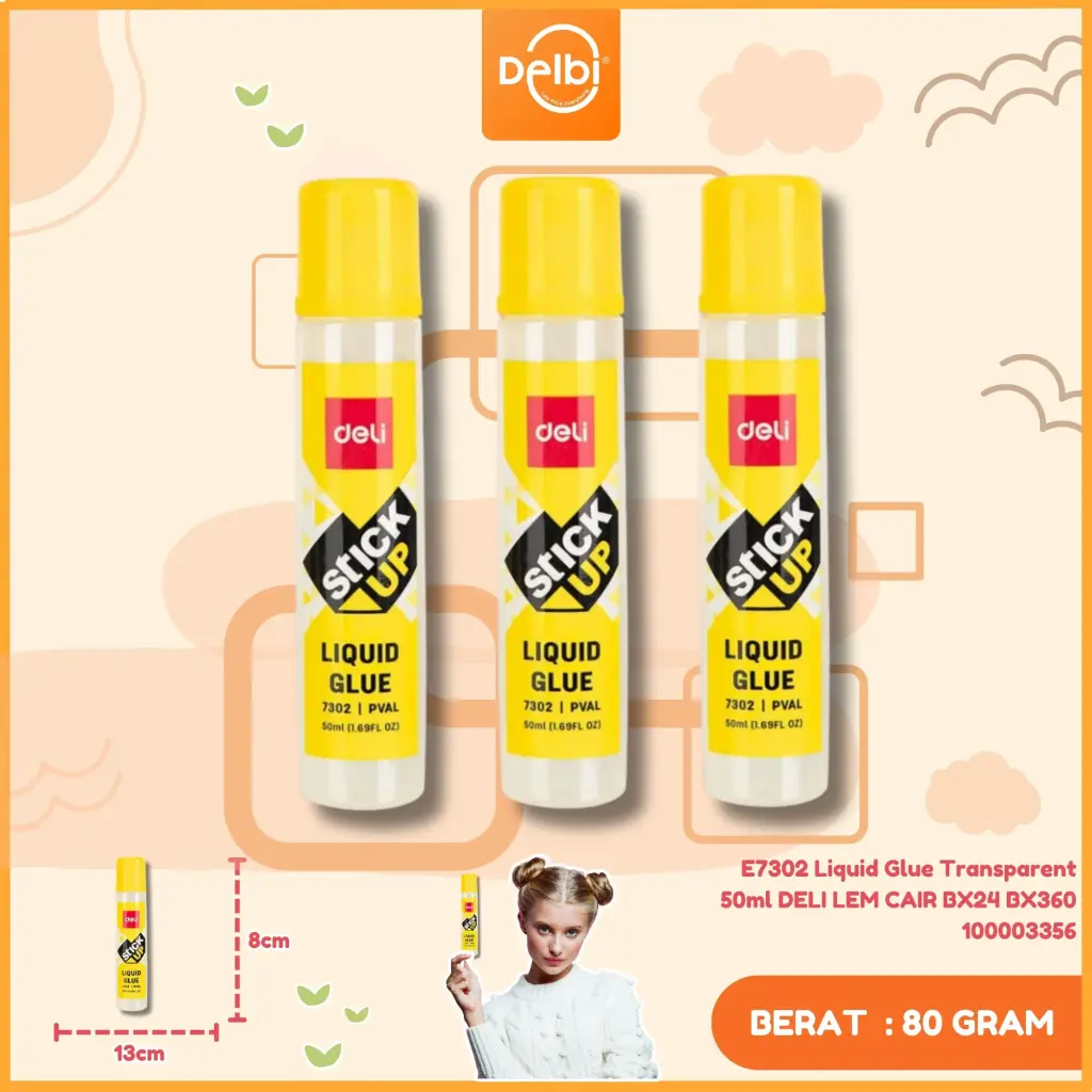 E7302 Liquid Glue Transparent 50ml DELI LEM CAIR BX24 BX360