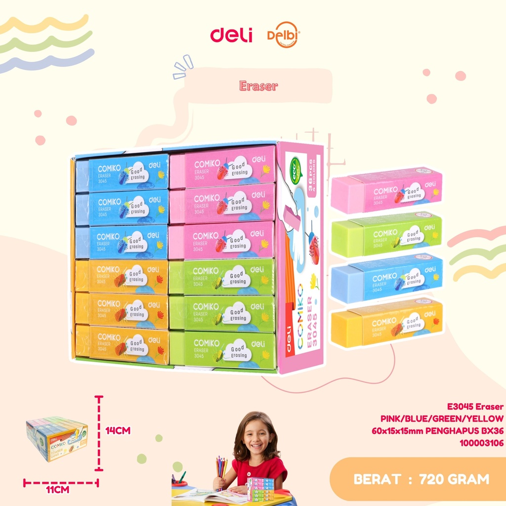 E3045 Eraser PINK/BLUE/GREEN/YELLOW 60x15x15mm PENGHAPUS BX36
