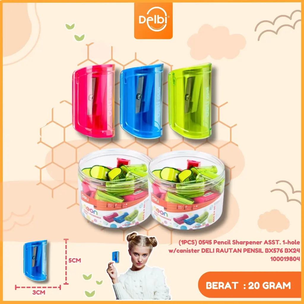 [100019804] (1PCS) 0545 Pencil Sharpener ASST. 1-hole w/canister DELI RAUTAN PENSIL BX576 BX24
