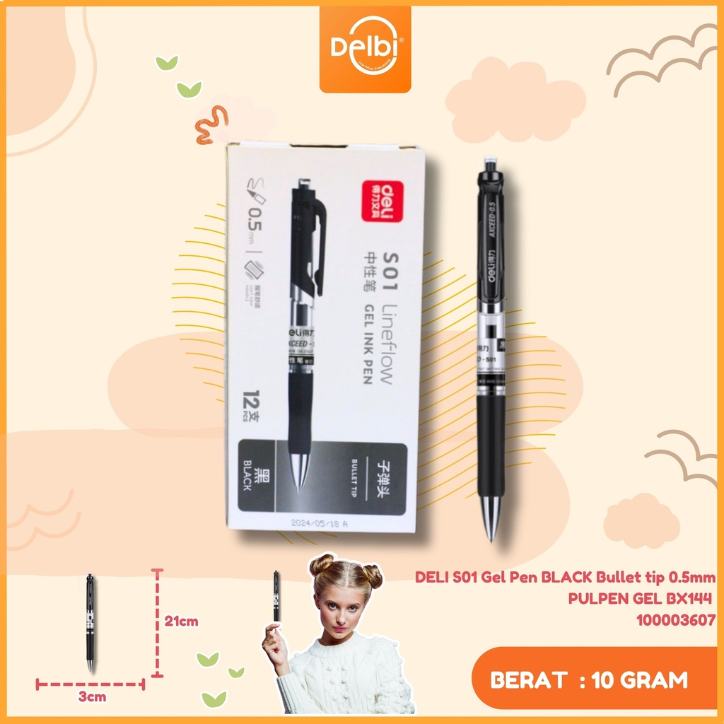 DELI S01 Gel Pen BLACK Bullet tip 0.5mm PULPEN GEL BX144 