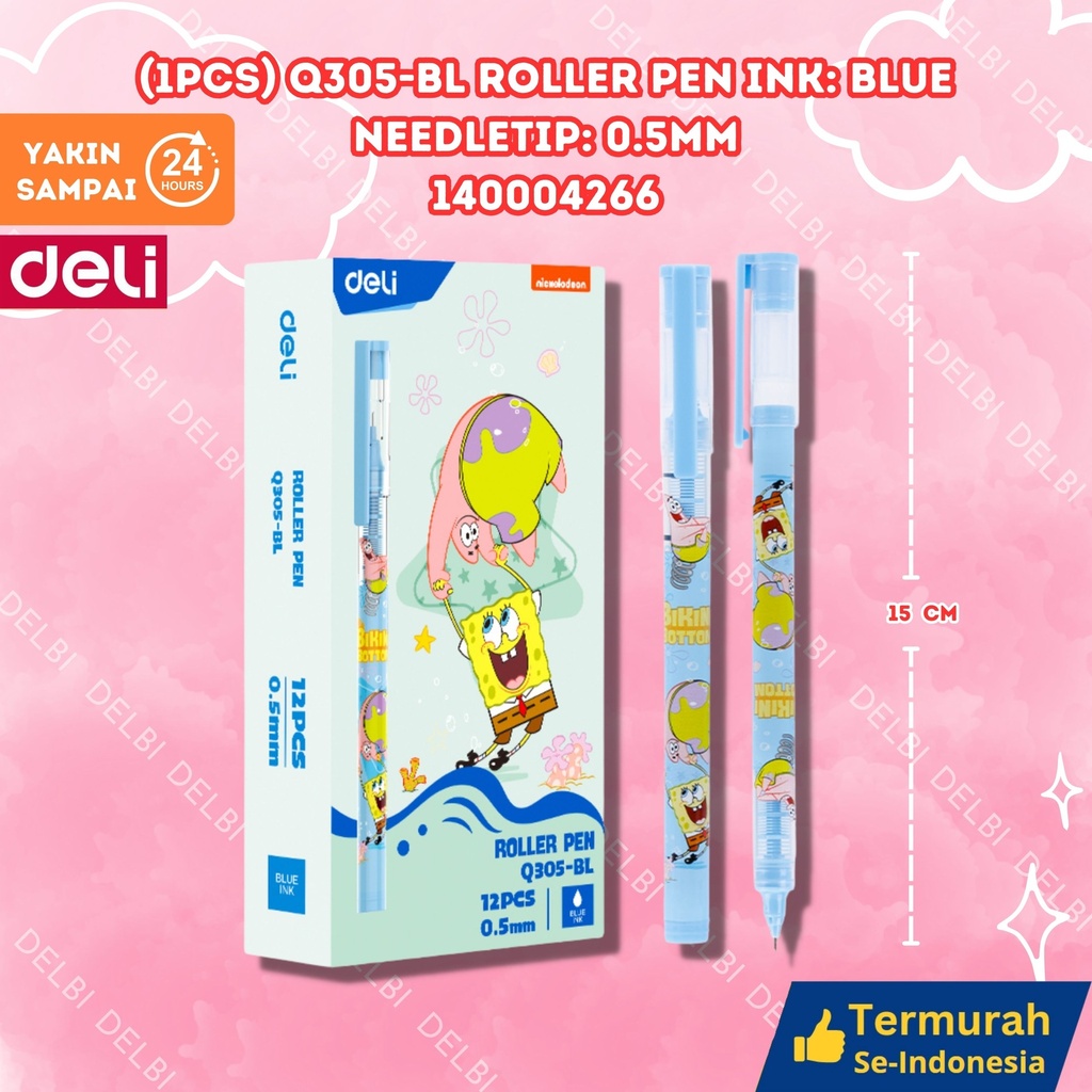 (1pcs) Q305-BL Roller Pen Ink Blue Needle tip 0.5mm GEL DELI SPONGEBOB 0.5 BX144 BX3 BX12
