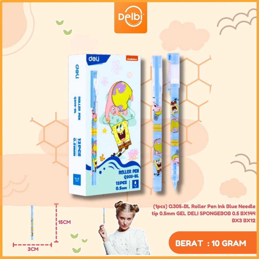 (1pcs) Q305-BL Roller Pen Ink Blue Needle tip 0.5mm GEL DELI SPONGEBOB 0.5 BX144 BX3 BX12