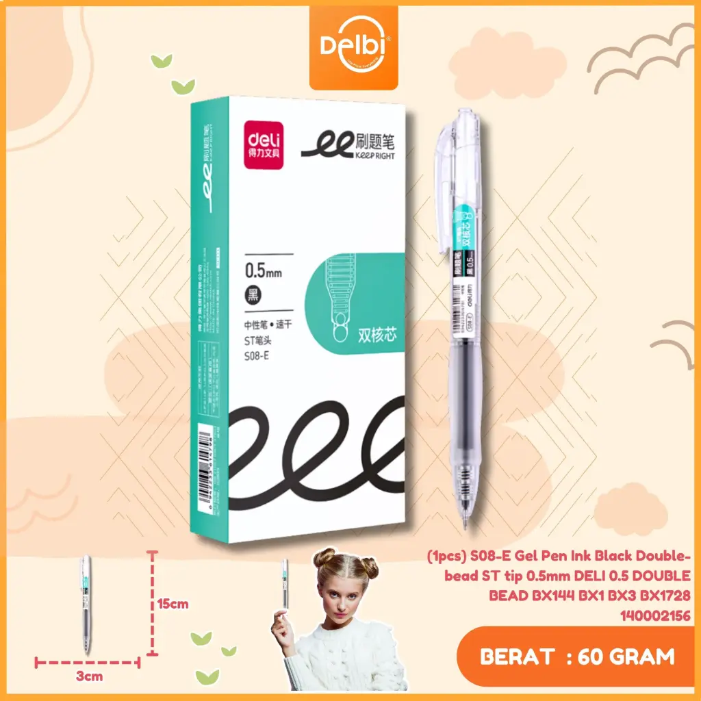 [140002156] (1pcs) S08-E Gel Pen Ink Black Double-bead ST tip 0.5mm DELI 0.5 DOUBLE BEAD BX144 BX1 BX3 BX1728