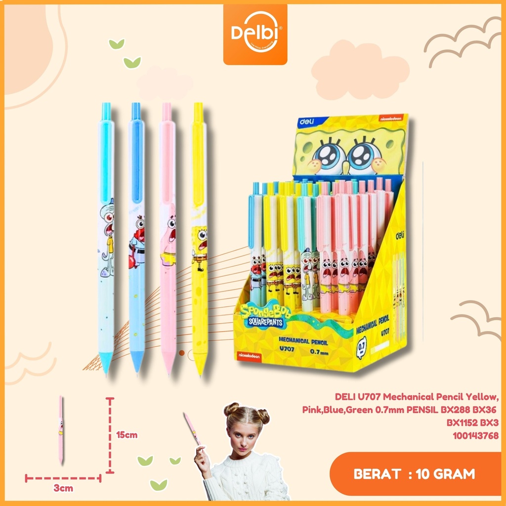 DELI U707 Mechanical Pencil Yellow, Pink,Blue,Green 0.7mm PENSIL BX288 BX36 BX1152 BX3