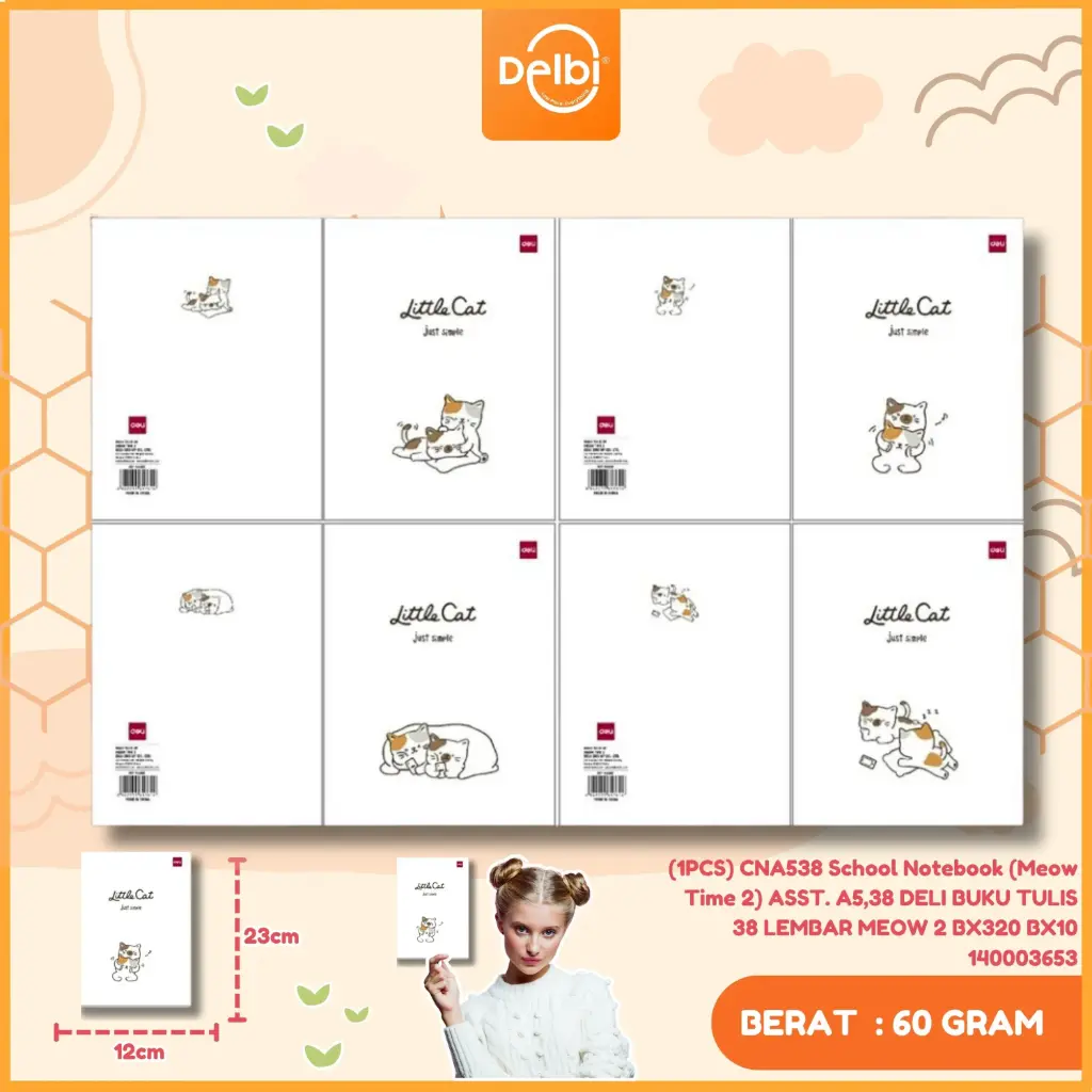 (1PCS) CNA538 School Notebook (Meow Time 2) ASST. A5,38 DELI BUKU TULIS 38 LEMBAR MEOW 2 BX320 BX10