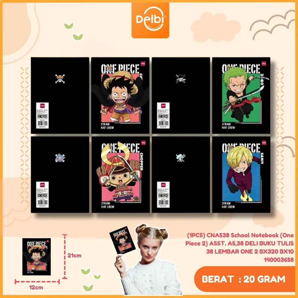 [140003658] (1PCS) CNA538 School Notebook (One Piece 2) ASST. A5,38 DELI BUKU TULIS 38 LEMBAR ONE 2 BX320 BX10