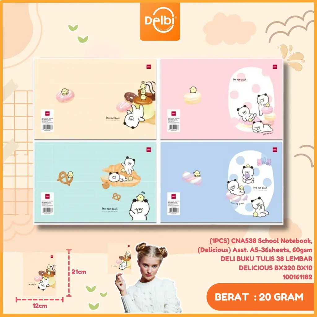 (1PCS) CNA538 School Notebook, (Delicious) Asst. A5-36sheets, 60gsm DELI BUKU TULIS 38 LEMBAR DELICIOUS BX320 BX10