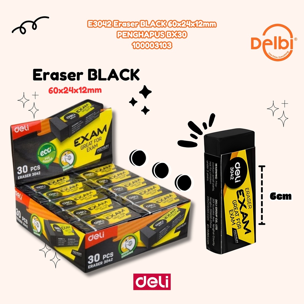 E3042 Eraser BLACK 60x24x12mm PENGHAPUS BX30
