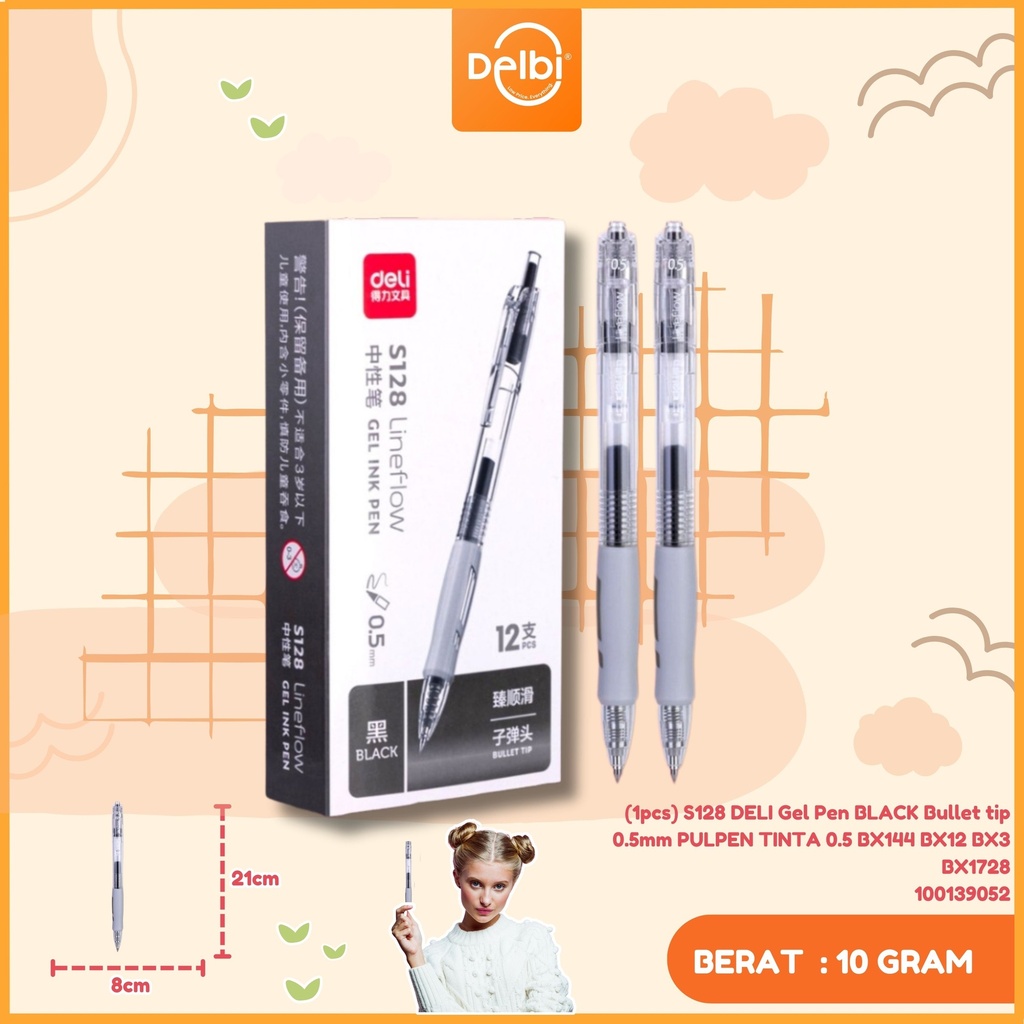 (1pcs) S128 DELI Gel Pen BLACK Bullet tip 0.5mm PULPEN TINTA 0.5 BX144 BX12 BX3 BX1728