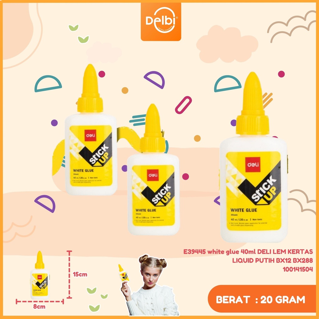 E39445 white glue 40ml DELI LEM KERTAS LIQUID PUTIH BX12 BX288