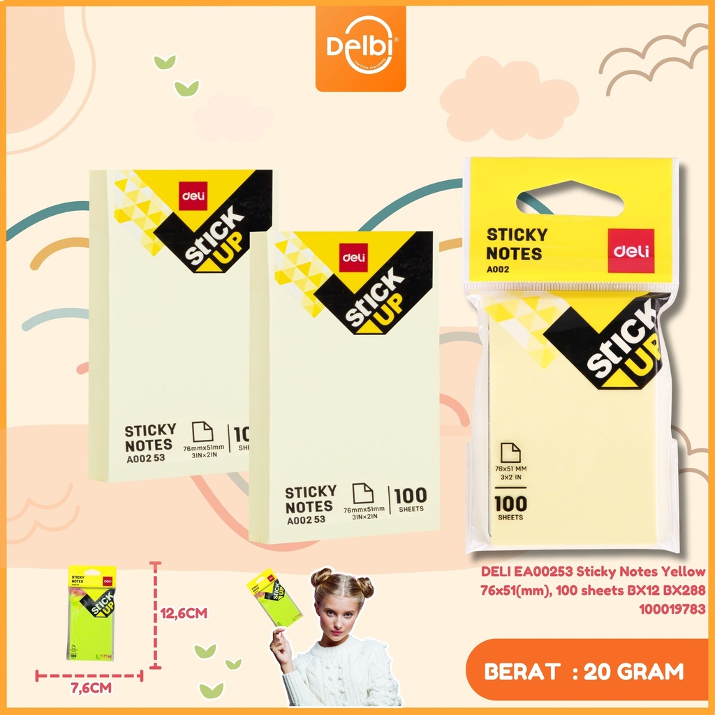[100019783] DELI EA00253 Sticky Notes Yellow 76x51(mm), 100 sheets BX12 BX288