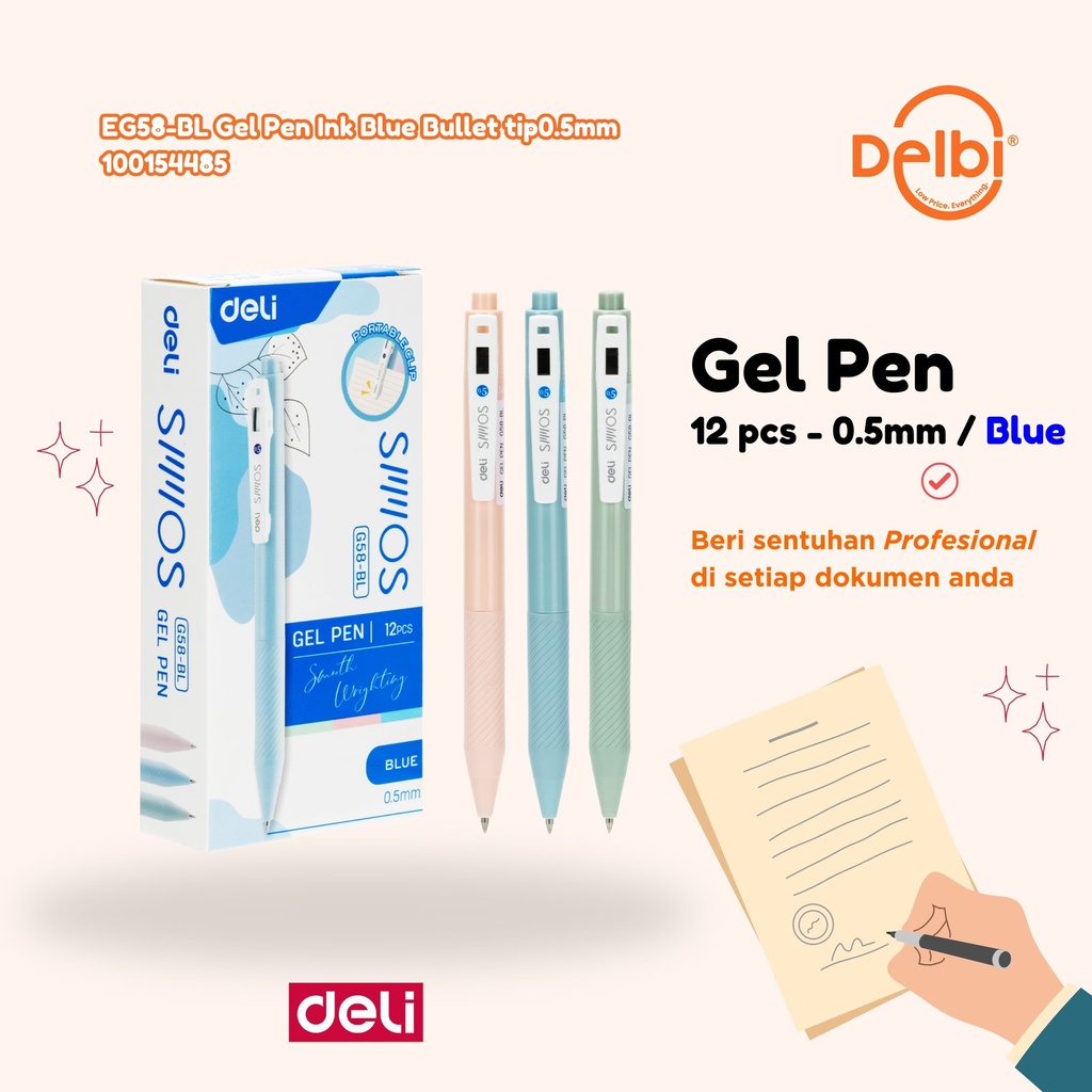 DELI EG58-BL Gel Pen Ink Blue Bullet tip0.5mm BX144