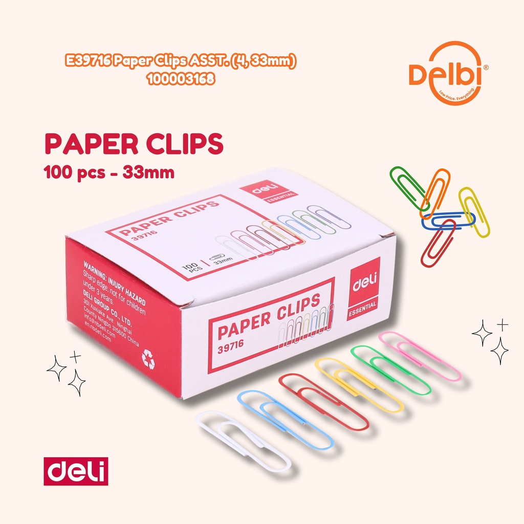E39716 Paper Clips ASST. (4, 33mm DELI PENJEPIT KERTAS JEPITAN BX10 BX500