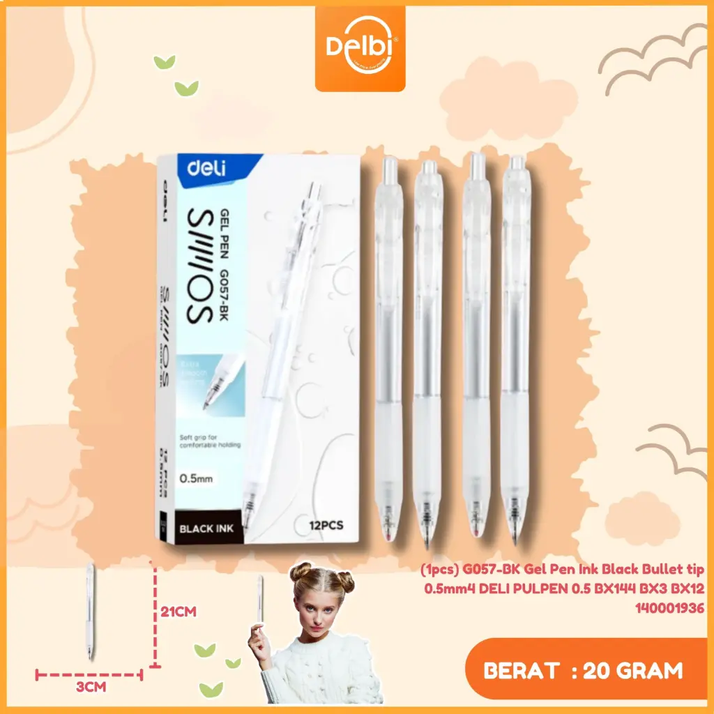 (1pcs) G057-BK Gel Pen Ink Black Bullet tip 0.5mm4 DELI PULPEN 0.5 BX144 BX3 BX12